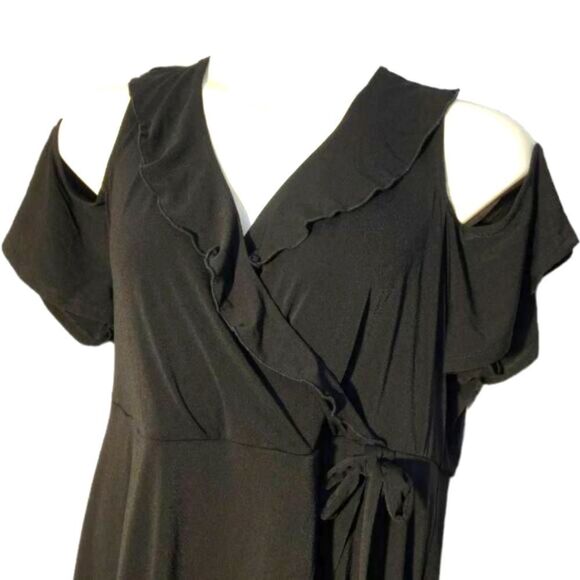 TORRID PLUS Size Black Mini Studio knit Cold Shoulder Wrap Dress. - Picture 3 of 13
